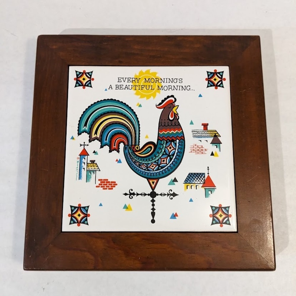 Vintage Rooster Ceramic Tile Trivet Wood Frame Mid Century Modern Wall Decor 8"